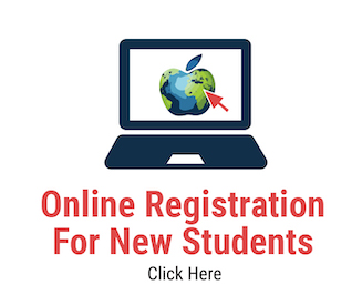 Illustration of laptop with AMDSB apple on screen and red mouse arrow pointing to it. Online Registration for New Students.